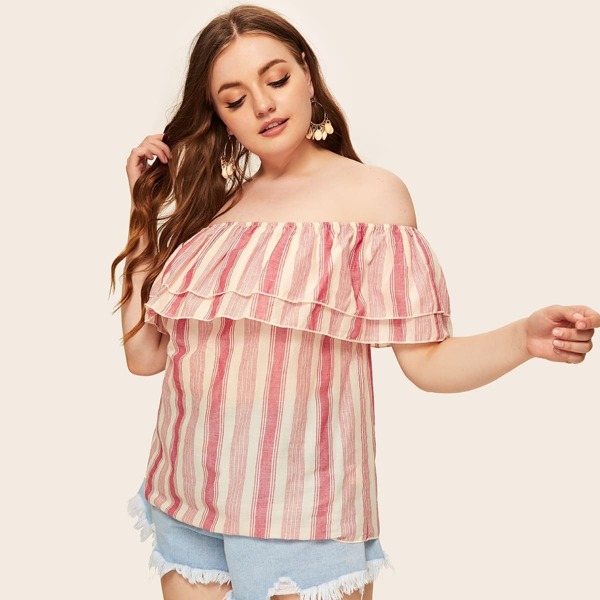 

Plus Off Shoulder Ruffle Trim Bardot Striped Top