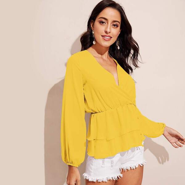 

Tiered Ruffle Surplice Neck Wrap Top