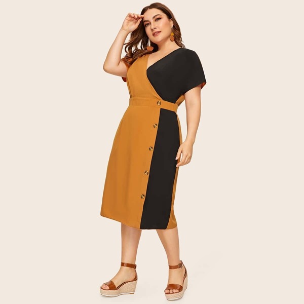 

Plus Two Tone Surplice Neck Button Front Dress, Multicolor