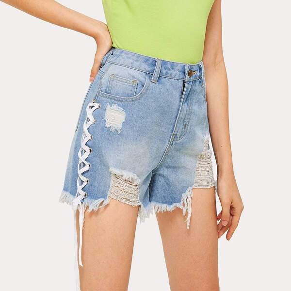 

Ripped Raw Hem Lace Up Denim Shorts, Blue