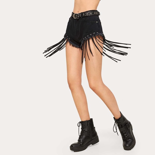 

Fringe Raw Hem High Waist Denim Shorts