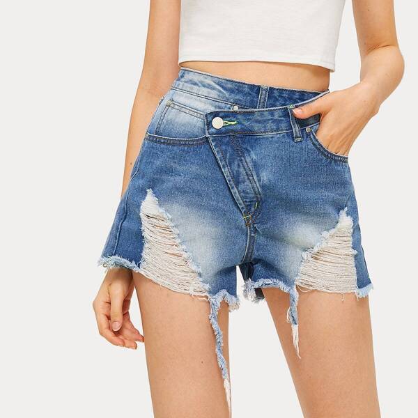

Ripped Raw Hem Button Fly Denim Shorts, Blue