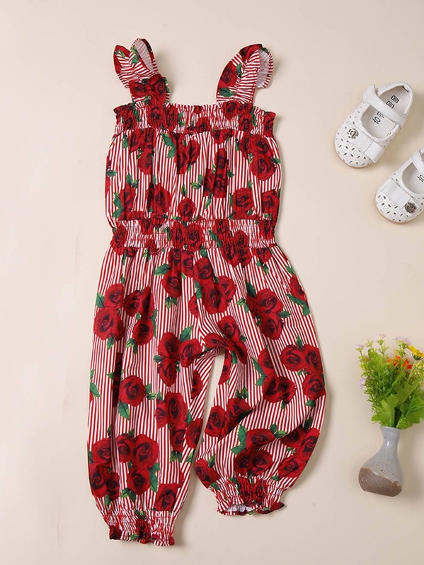 

Toddler Girls Rose & Stripe Print Shirred Bloomer Jumpsuit, Multicolor