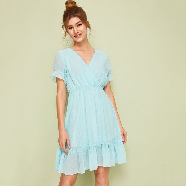 

Swiss Dot Ruffle Hem Solid Surplice Dress