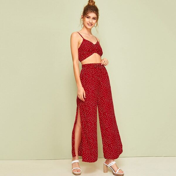 

Polka Dot Cami Top With Split Thigh Wide Leg Pants