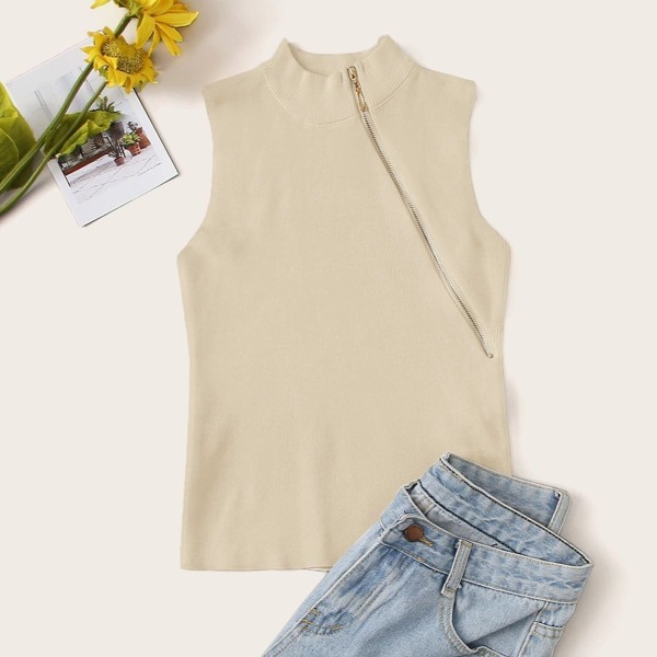 

Solid Zip Detail Mock-neck Top
