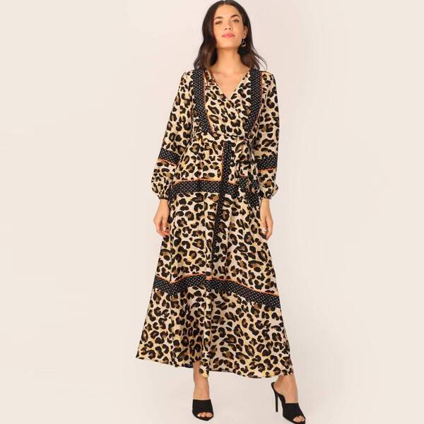 

Leopard Scarf Print Surplice Neck Belted Dress, Multicolor
