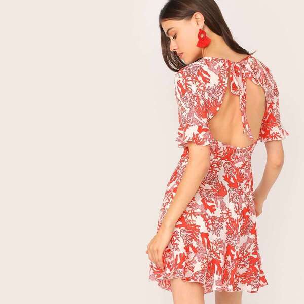 

Coral Print Tie Backless Ruffle Trim Dress, Red