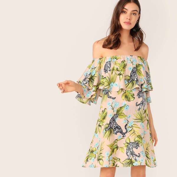 

Ruffle Trim Mixed Tropical & Tiger Print Bardot Dress, Multicolor