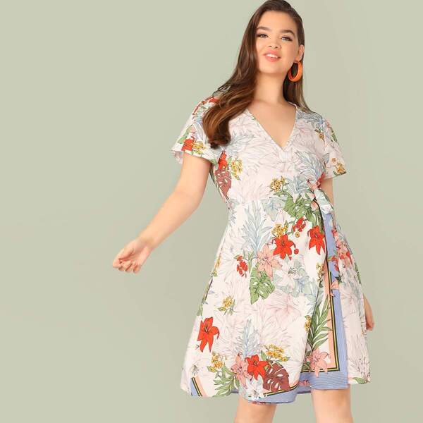 

Plus Floral Scarf Print Wrap Belted Dress, Multicolor