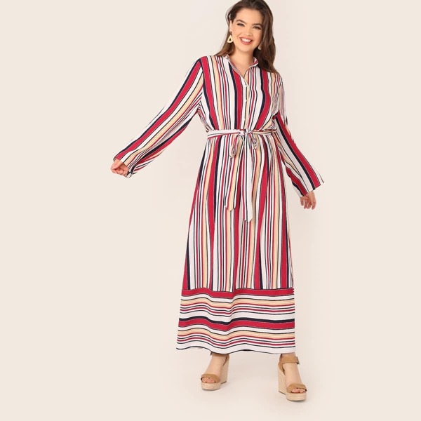 

Plus Striped Belted Shirt Dress, Multicolor
