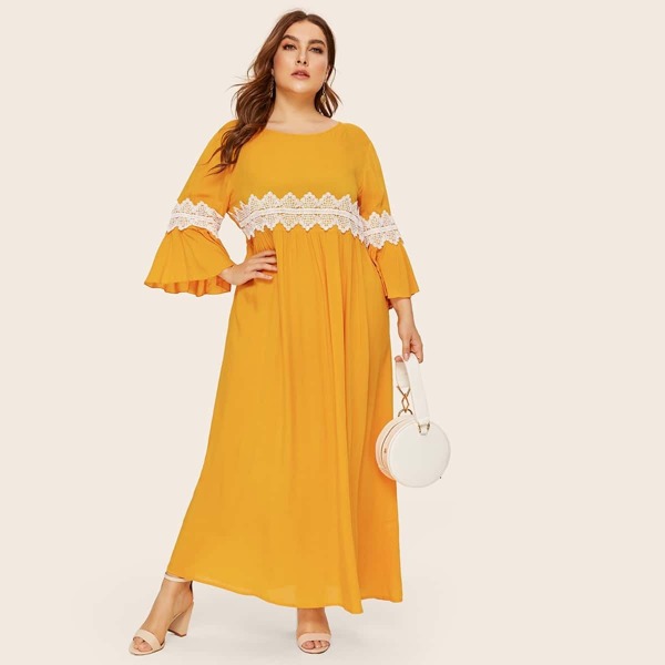 

Plus Lace Insert Bell Sleeve Dress, Yellow