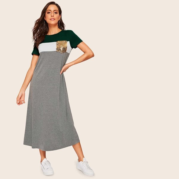 

Sequin Pocket Patched Heathered Knit Dress
