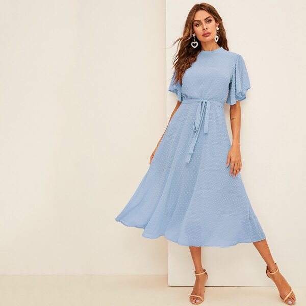 

Tie Back Split Flutter Sleeve Swiss Dot Dress, Blue pastel