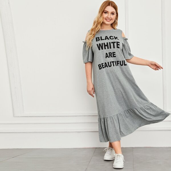 

Plus Cold Shoulder Slogan Print Ruffle Hem Dress, Grey