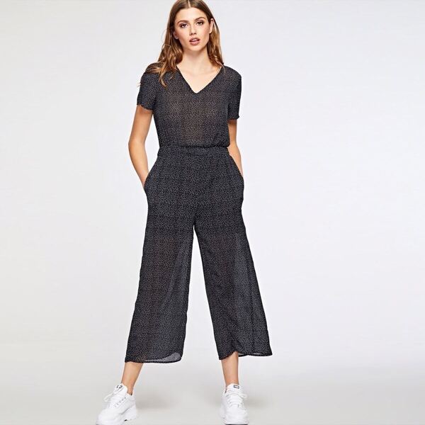 

Keyhole Back Dot Print Wide Leg Jumpsuit, Black