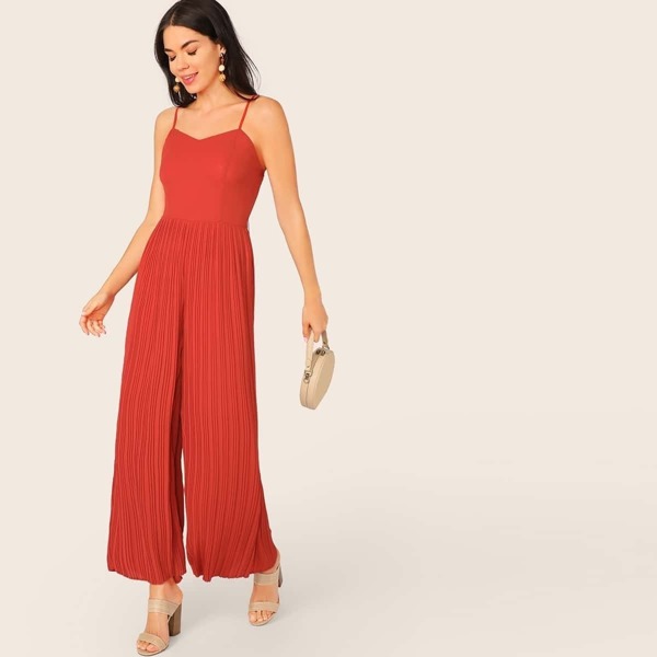 

Solid Plisse Palazzo Slip Jumpsuit, Red