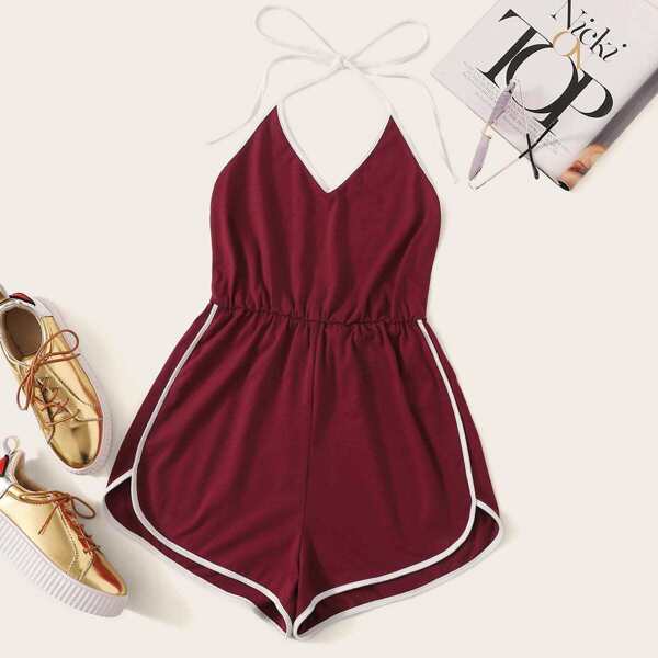 

Backless Contrast Binding Halter Romper, Burgundy