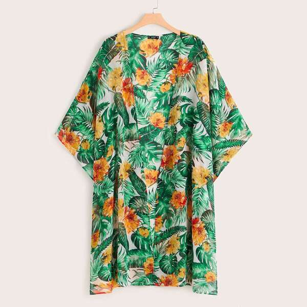 

Plus Tropical Print Open Front Split Hem Kimono, Multicolor