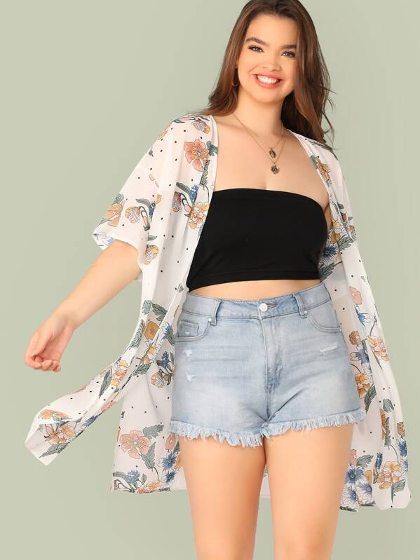 

Plus Open Front Split Hem Floral Print Kimono, Multicolor, Faith Bowman