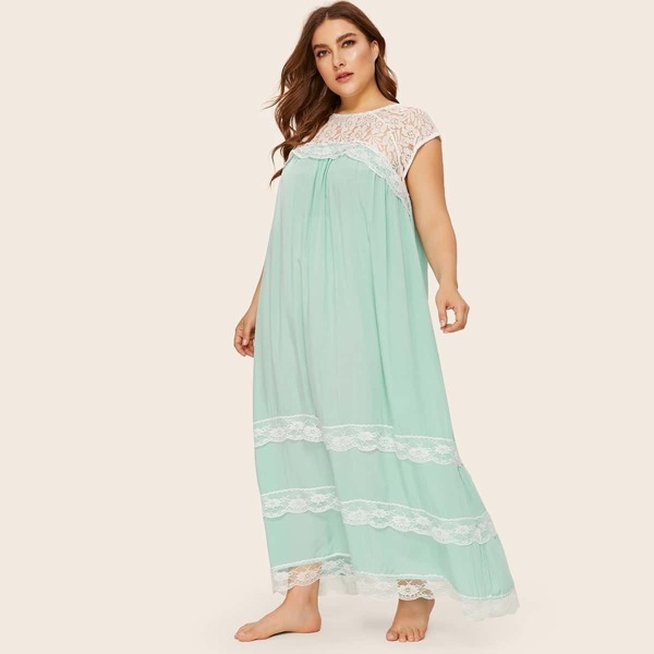 

Plus Contrast Lace Trim Tunic Nightdress, Green