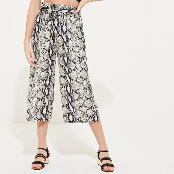 

Snakeskin Print Belted Palazzo Crop Pants