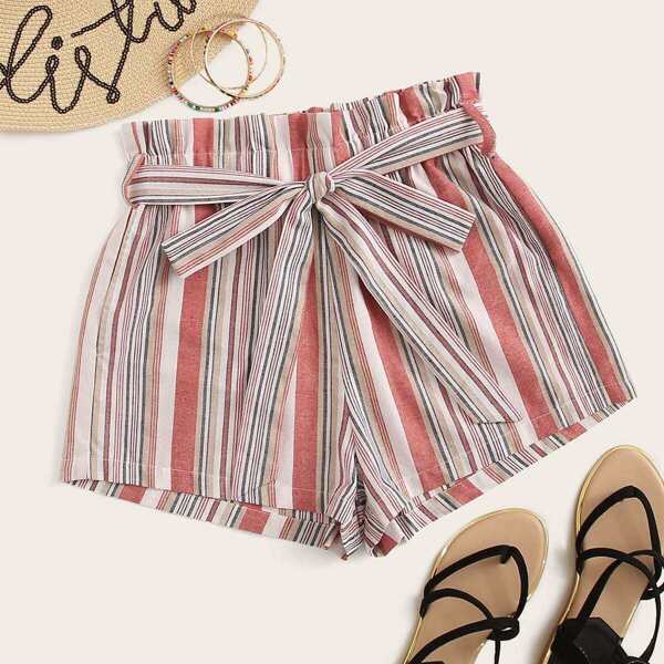 

Paperbag Waist Self Belted Striped Shorts, Multicolor