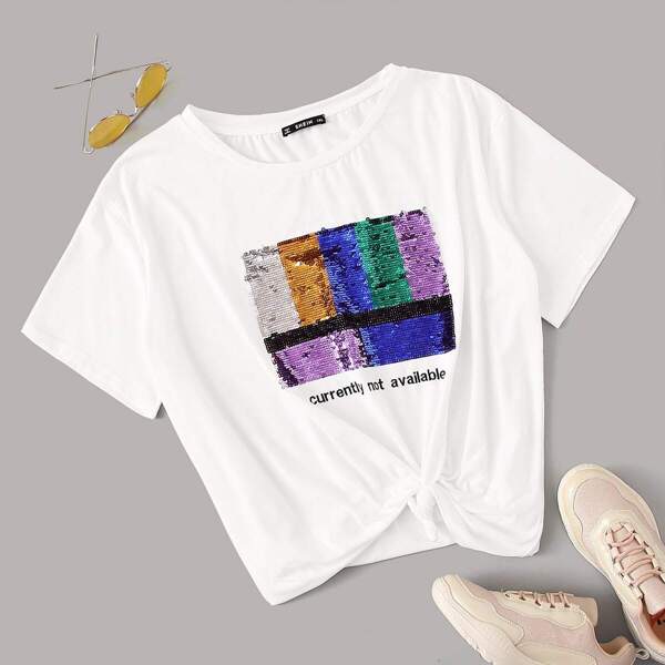 

Plus Sequin Embellished Slogan Print Tee