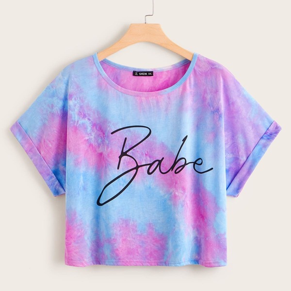 

Plus Letter Graphic Tie Dye Cuffed Sleeve Tee