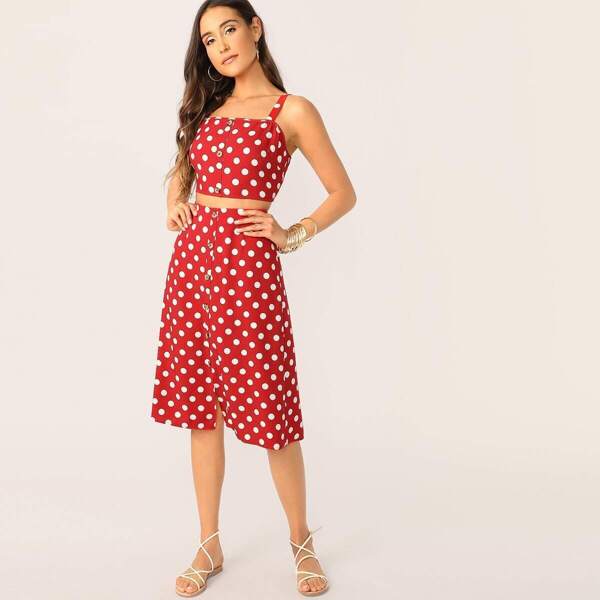 

Polka Dot Button Front Crop Top and Skirt Set