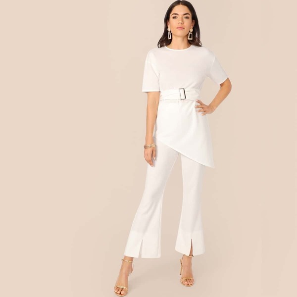 

Asymmetrical Buckle Belted Top & Split Flare Leg Pants Set, White