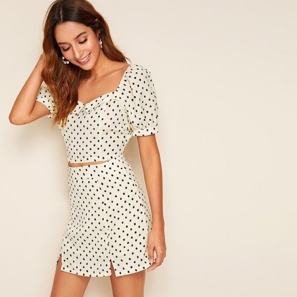 

Sweetheart Neck Foldover Front Top and Split Skirt Set, Beige