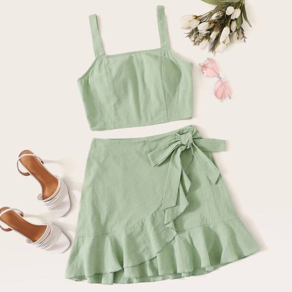 

Tank Top & Ruffle Hem Wrap Skirt Set, Green pastel