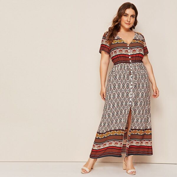 

Plus Tribal Print Button Dress