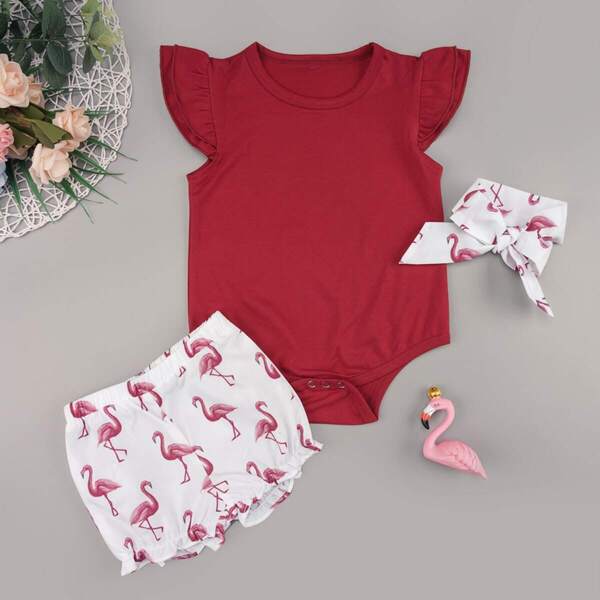 

Baby Girl Ruffle Popper Romper & Flamingo Print Shorts & Headband