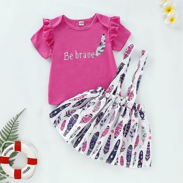 

Toddler Girls Ruffle Trim Letter Print Top & Feather Print Straps Skirt, Multicolor