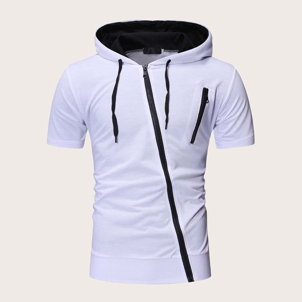 

Men Oblique Zip Up Drawstring Hooded Tee, White
