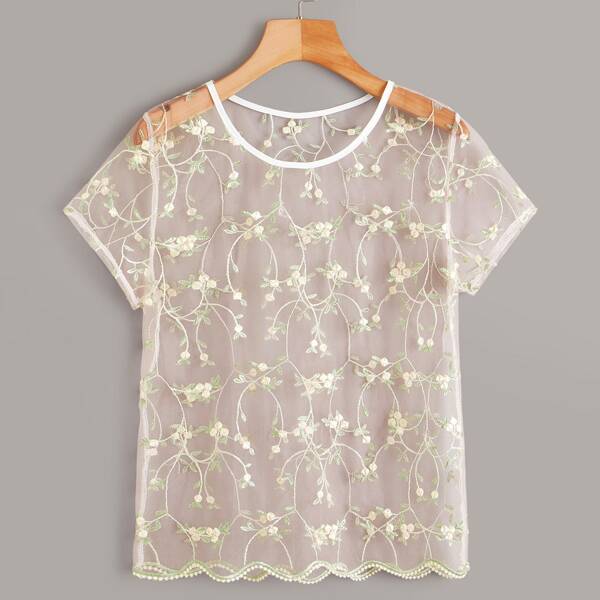 

Random Floral Embroidered Mesh Scallop Blouse