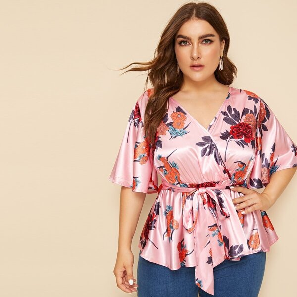 Plus Surplice Large Floral Print Tie Front Blouse