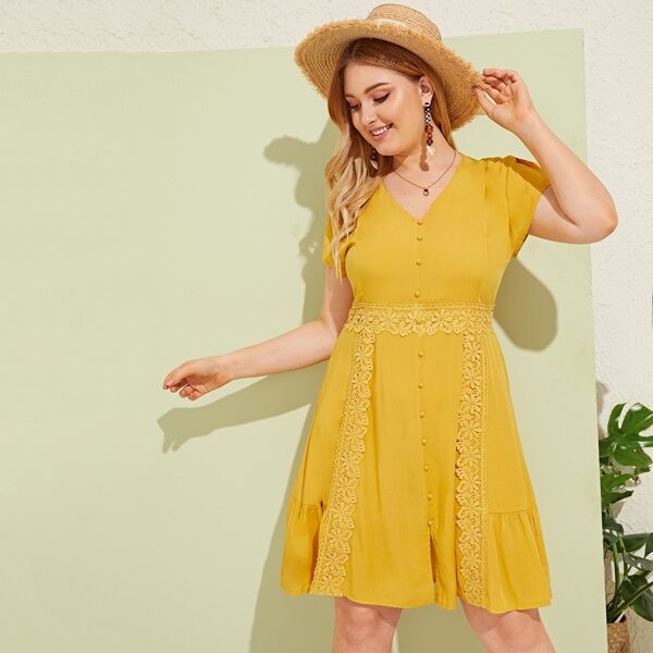 

Plus V-neck Lace Panel Button Front Ruffle Hem Dress, Yellow
