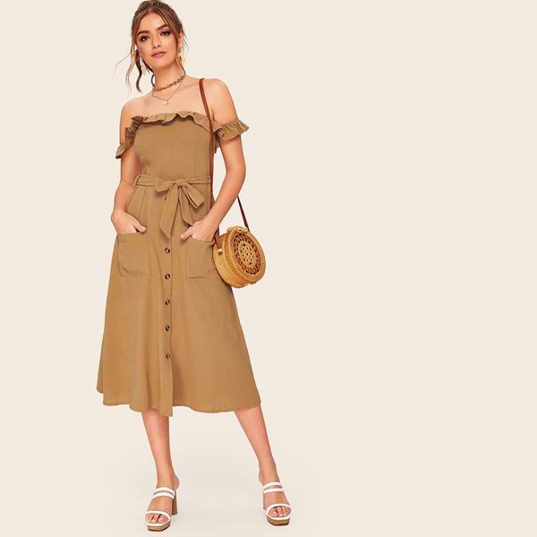 

Ruffle Trim Button Front Shirred Off Shoulder Belted Dress, Camel