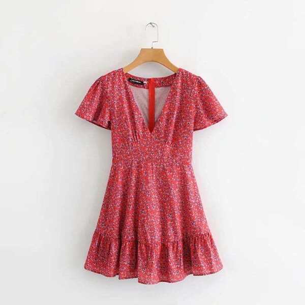 

V-neck Ditsy Floral Ruffle Hem Zip Back Dress, Red
