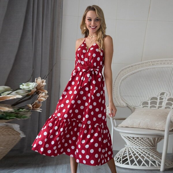 

Surplice Polka Dot Belted Ruffle Hem Cami Dress