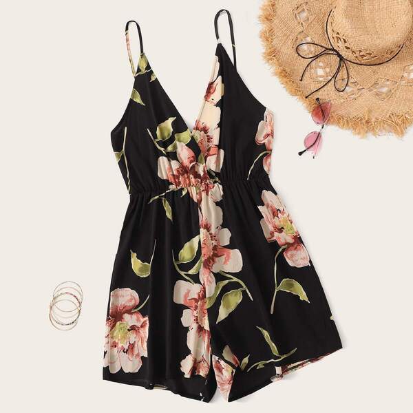 

Plus Surplice Large Floral Print Cami Playsuit, Black