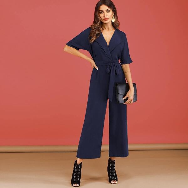 

Shawl Collar Solid Belted Jumpsuit