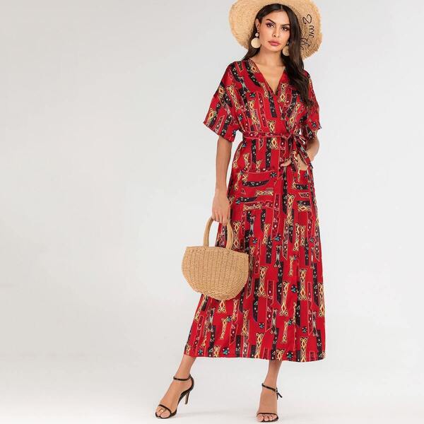 

Aztec Print Dual Pocket Belted Maxi Abaya, Red