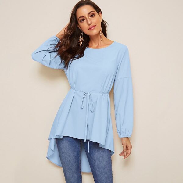 

High Low Bishop Sleeve Drop Shoulder Belted Blouse, Blue