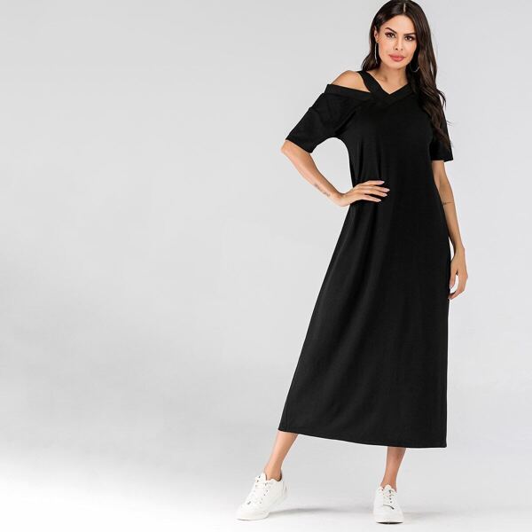 

Cold Shoulder Asymmetrical Neck Dress, Black
