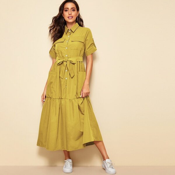 

Dual Pocket Belted Utility Shirt Dress, Yellow