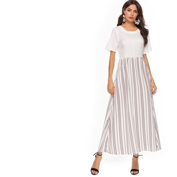 Striped Print Maxi Dress, White